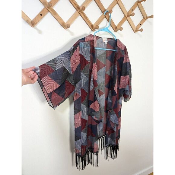 Lularoe Geometric Red White Blue Grey Kimono with Black Fringe - Picture 4 of 9